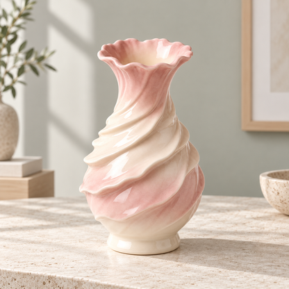 MCH Home | Swirl Spiral Ceramic Vase – Soft Pink Scalloped Floral Vessel
