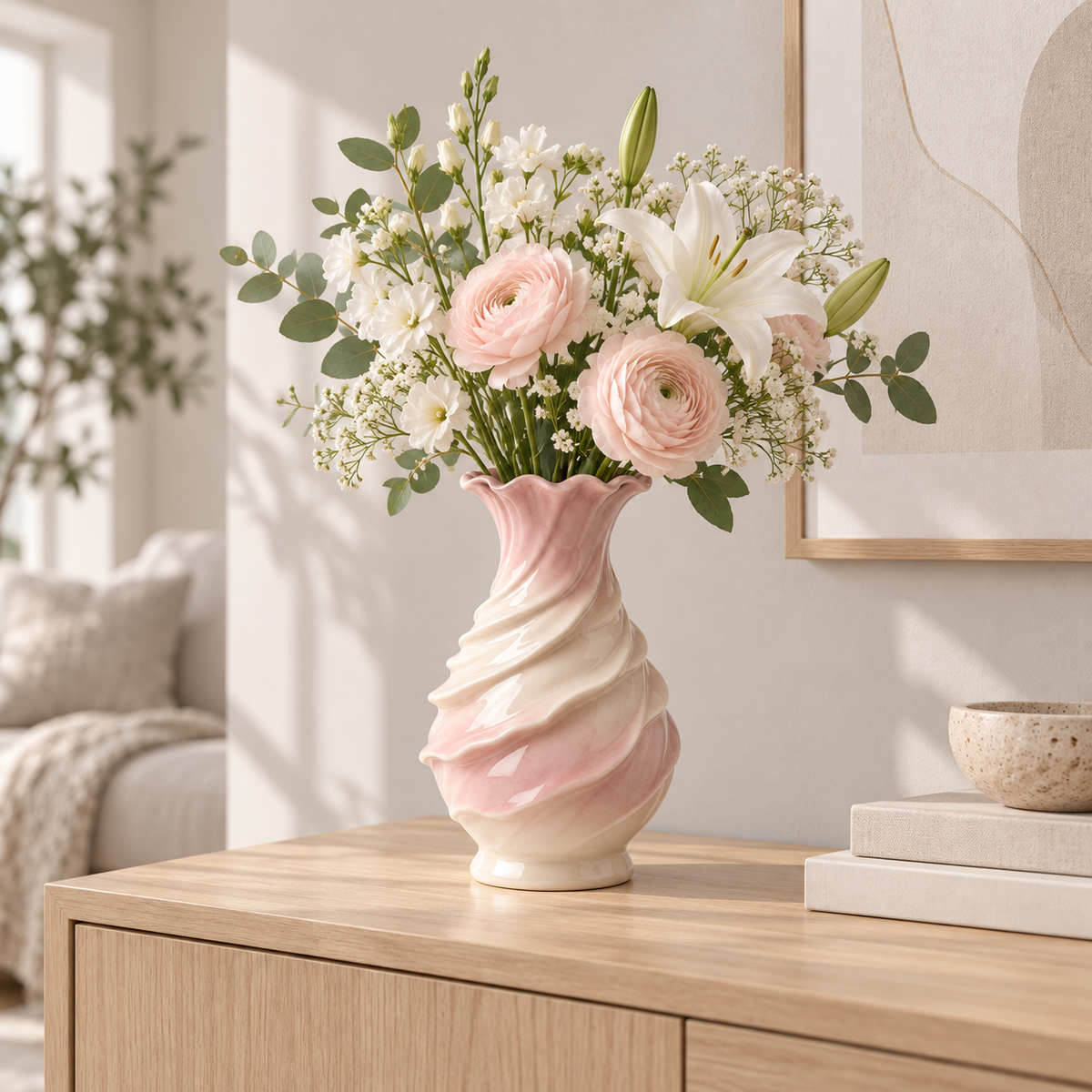MCH Home | Swirl Spiral Ceramic Vase – Soft Pink Scalloped Floral Vessel