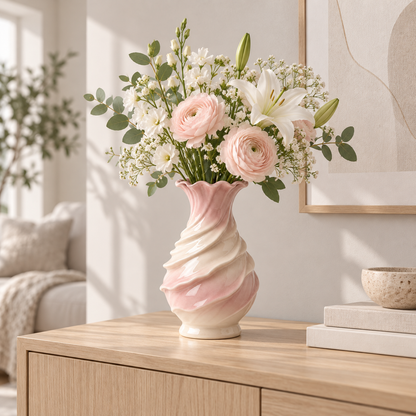 MCH Home | Swirl Spiral Ceramic Vase – Soft Pink Scalloped Floral Vessel