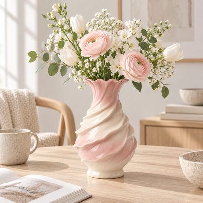 MCH Home | Swirl Spiral Ceramic Vase – Soft Pink Scalloped Floral Vessel