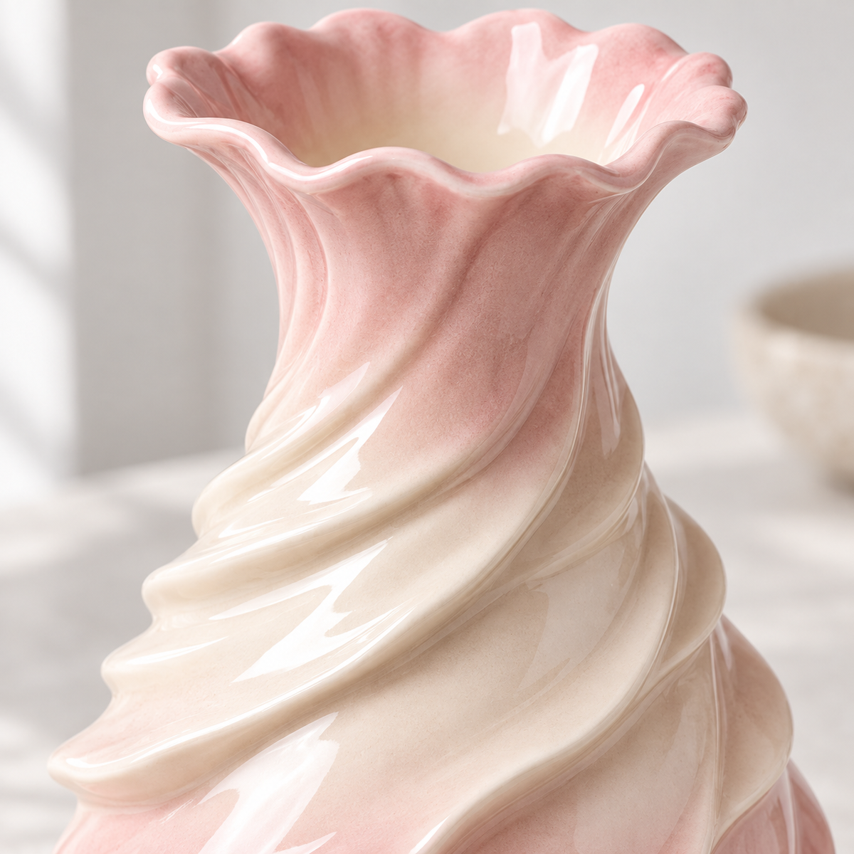 MCH Home | Swirl Spiral Ceramic Vase – Soft Pink Scalloped Floral Vessel