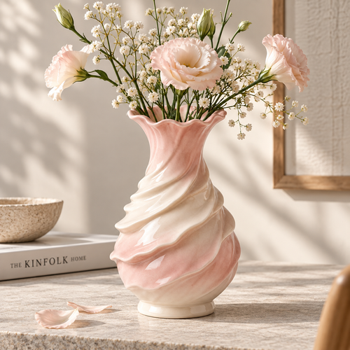 MCH Home | Swirl Spiral Ceramic Vase – Soft Pink Scalloped Floral Vessel