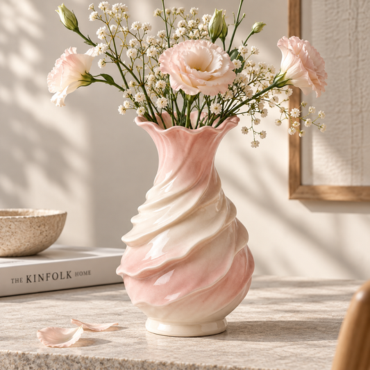 MCH Home | Swirl Spiral Ceramic Vase – Soft Pink Scalloped Floral Vessel