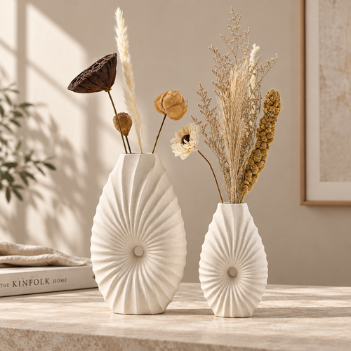 MCH Home | Radial Pleated Stoneware Vase – Scandinavian Textured Accent Tabletop Decor