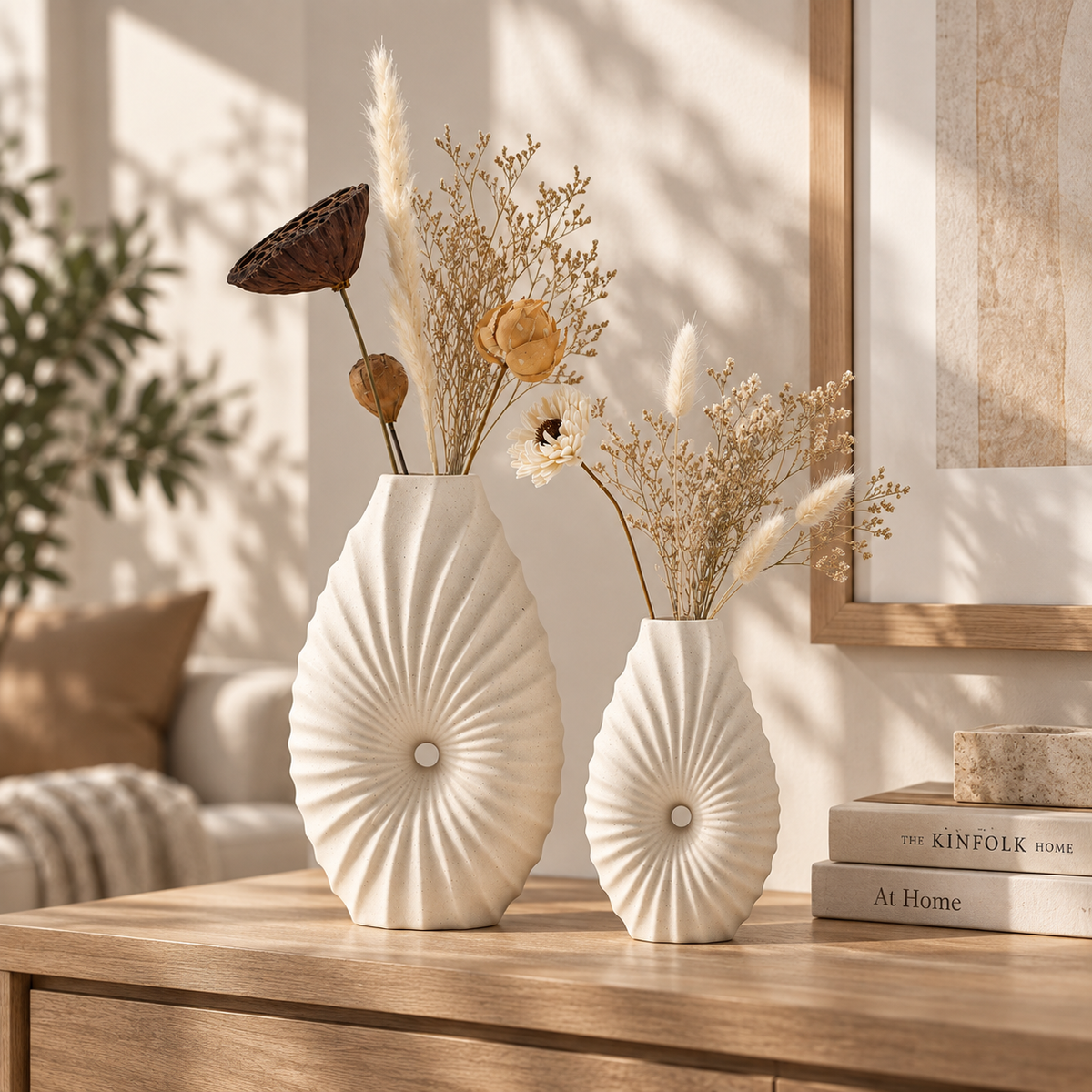MCH Home | Radial Pleated Stoneware Vase – Scandinavian Textured Accent Tabletop Decor