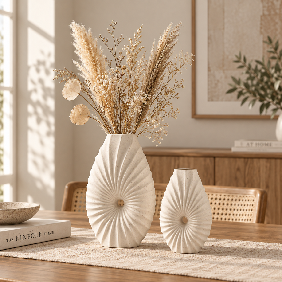 MCH Home | Radial Pleated Stoneware Vase – Scandinavian Textured Accent Tabletop Decor