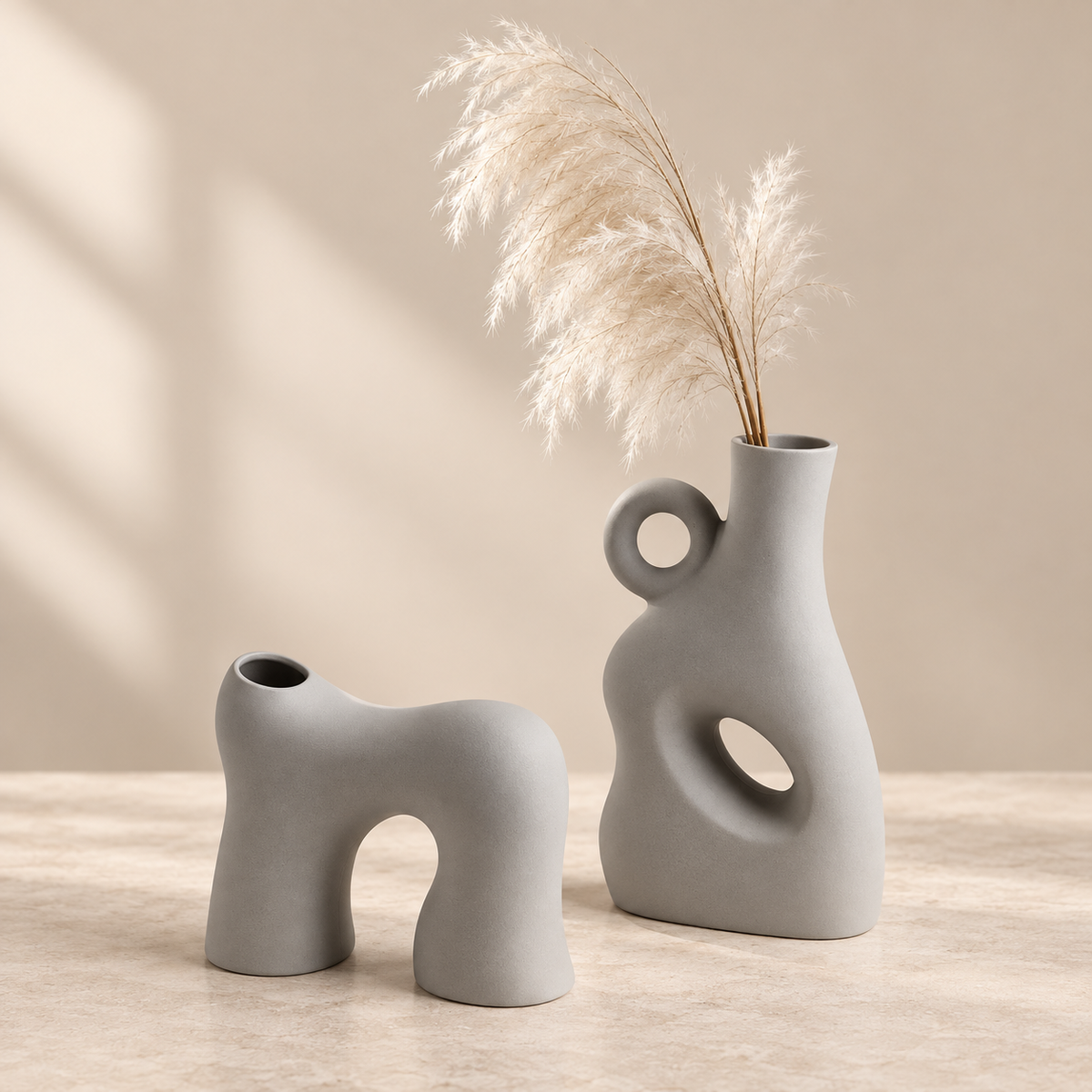 MCH Home | Nordic Abstract Hollow Ceramic Vase – Minimalist Matte Grey Sculptural Decor (Tall / Arch)