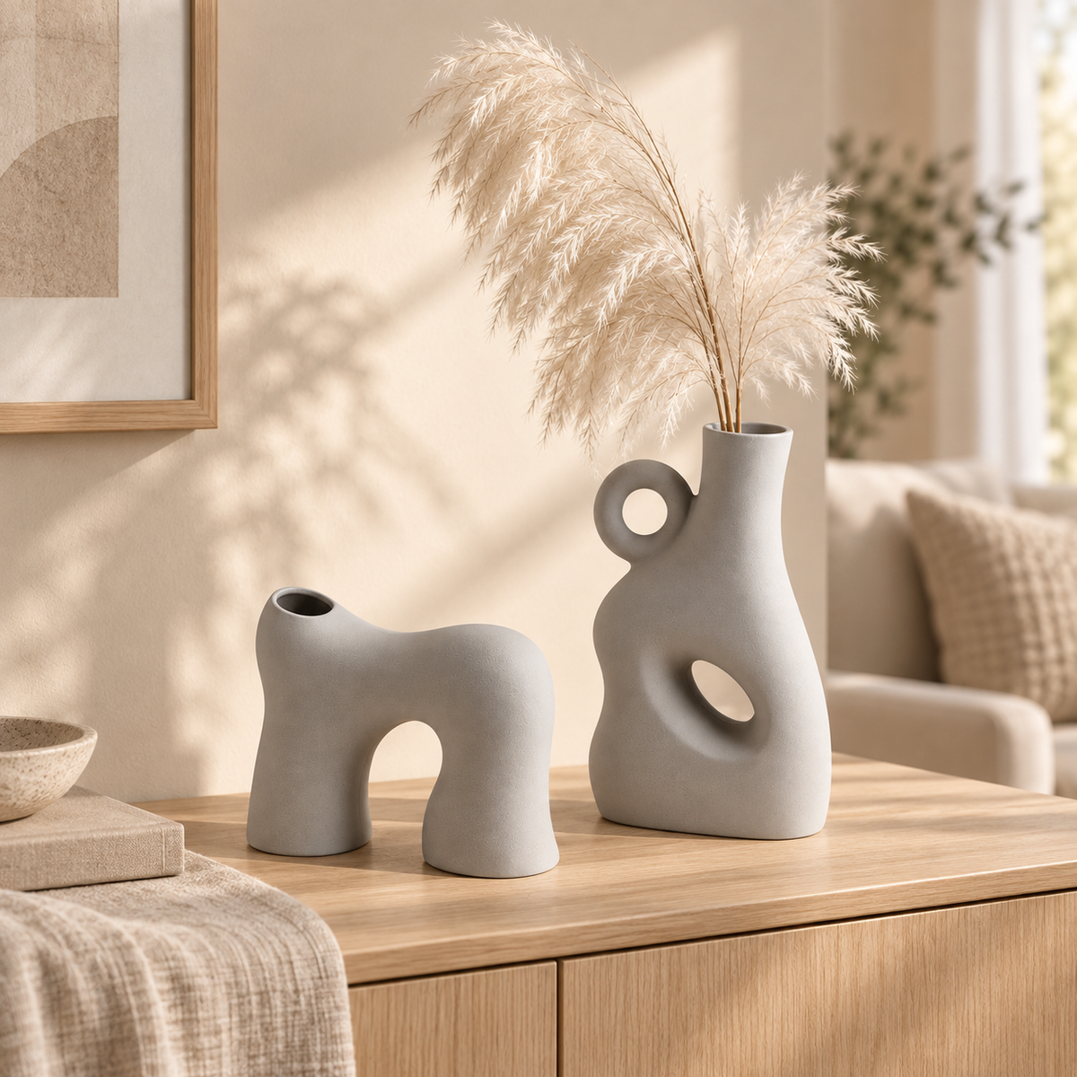 MCH Home | Nordic Abstract Hollow Ceramic Vase – Minimalist Matte Grey Sculptural Decor (Tall / Arch)