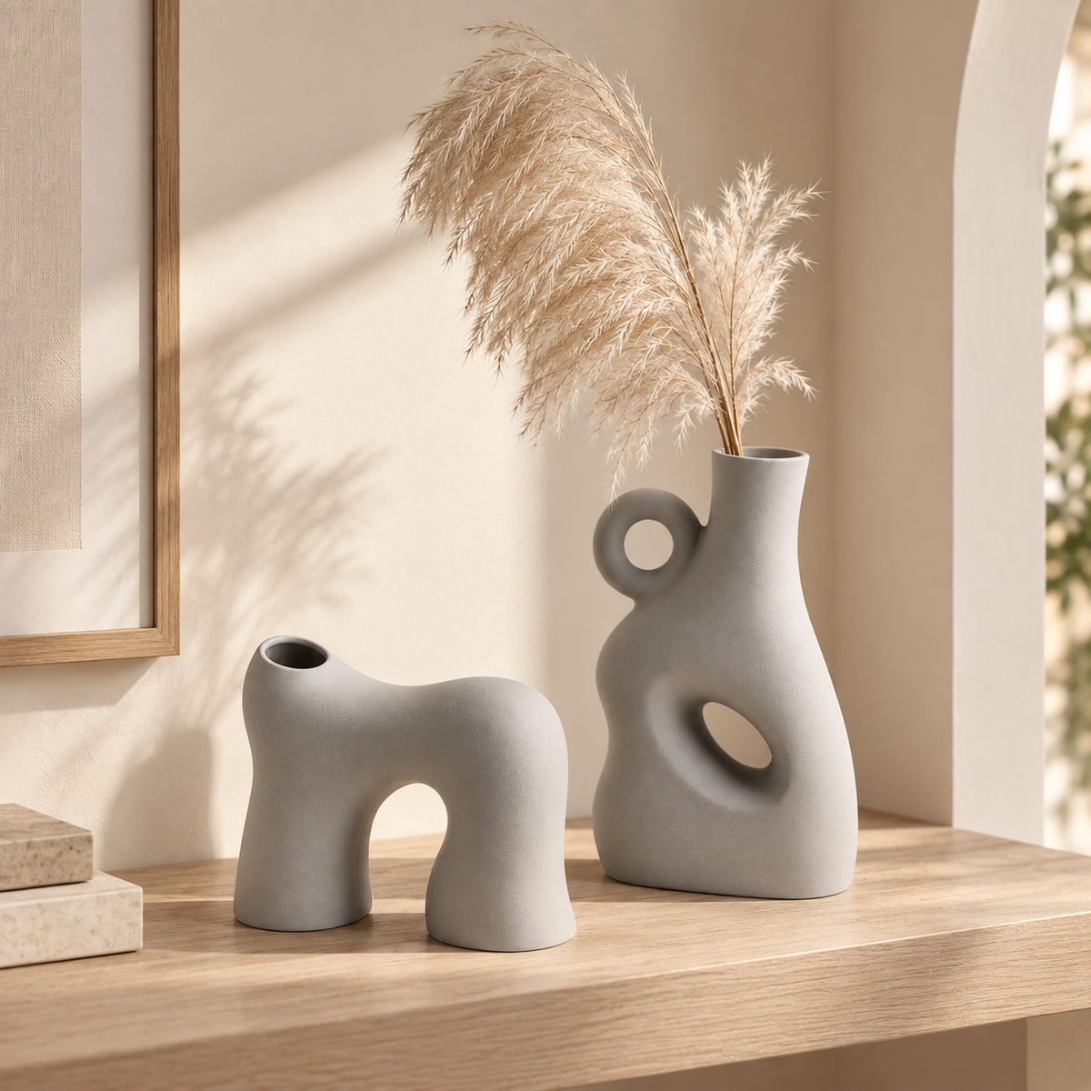 MCH Home | Nordic Abstract Hollow Ceramic Vase – Minimalist Matte Grey Sculptural Decor (Tall / Arch)