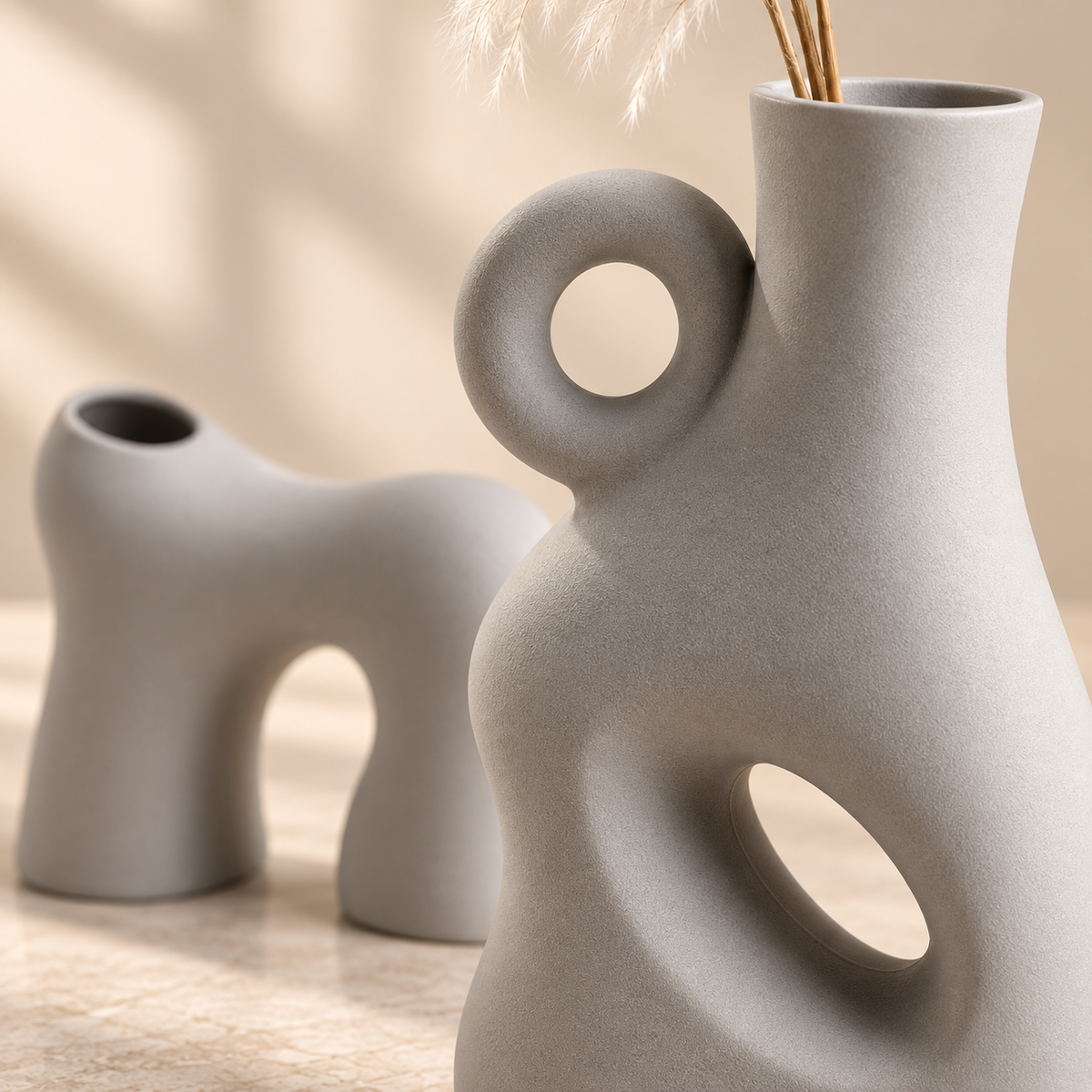 MCH Home | Nordic Abstract Hollow Ceramic Vase – Minimalist Matte Grey Sculptural Decor (Tall / Arch)