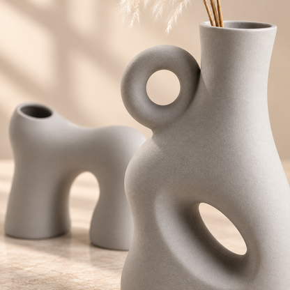 MCH Home | Nordic Abstract Hollow Ceramic Vase – Minimalist Matte Grey Sculptural Decor (Tall / Arch)