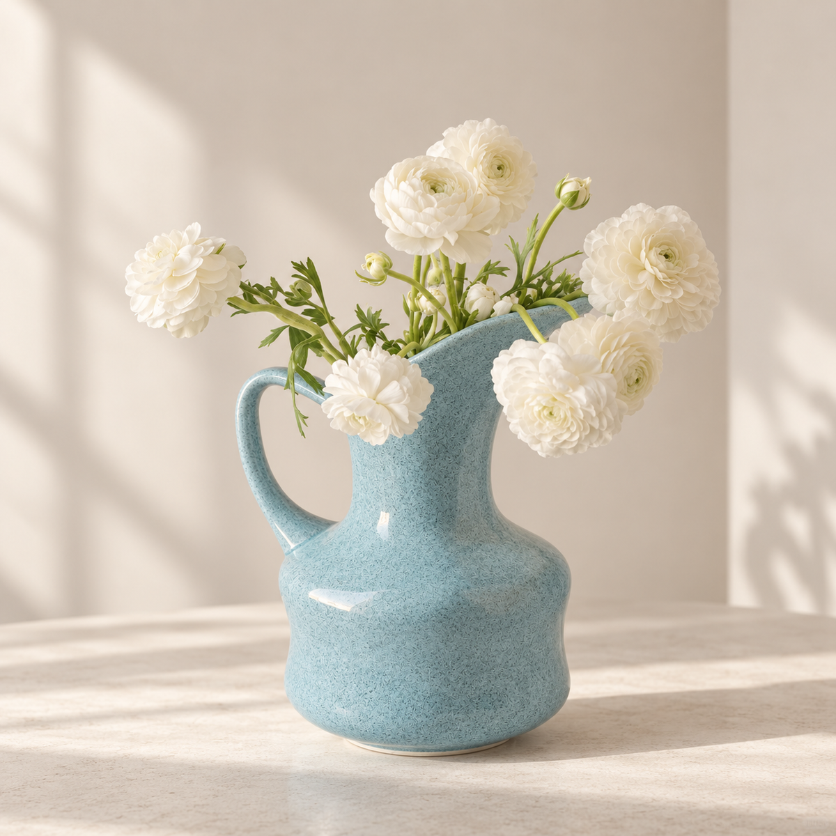 MCH Home | Artisanal Ceramic Pitcher Vase – Minimalist Sky Blue Handle Accent Vessel