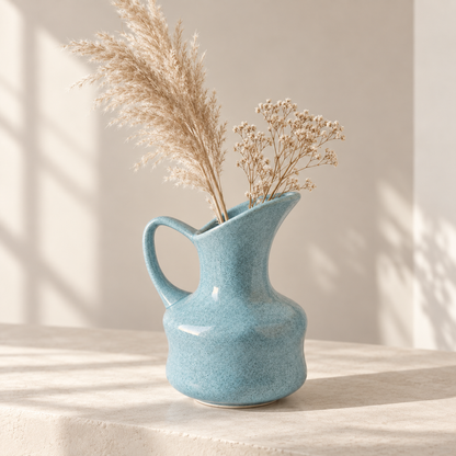 MCH Home | Artisanal Ceramic Pitcher Vase – Minimalist Sky Blue Handle Accent Vessel