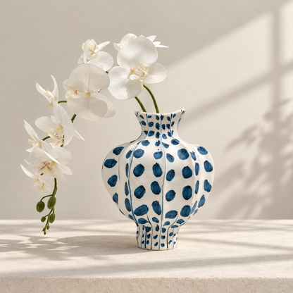 MCH Home | Hand-Painted Indigo Fluted Ceramic Vase – Artisan Botanical Accent Vessel