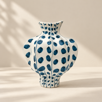 MCH Home | Hand-Painted Indigo Fluted Ceramic Vase – Artisan Botanical Accent Vessel
