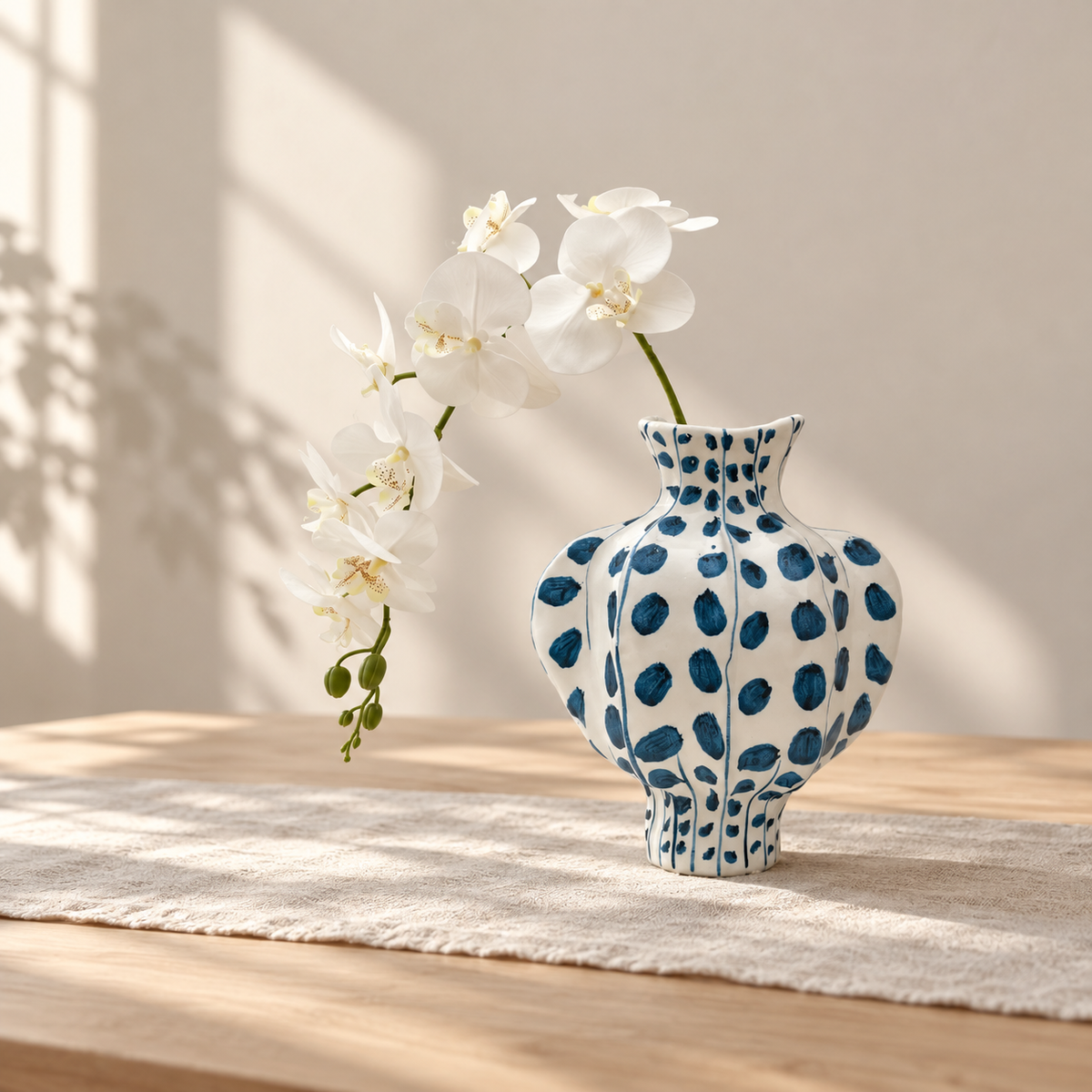 MCH Home | Hand-Painted Indigo Fluted Ceramic Vase – Artisan Botanical Accent Vessel