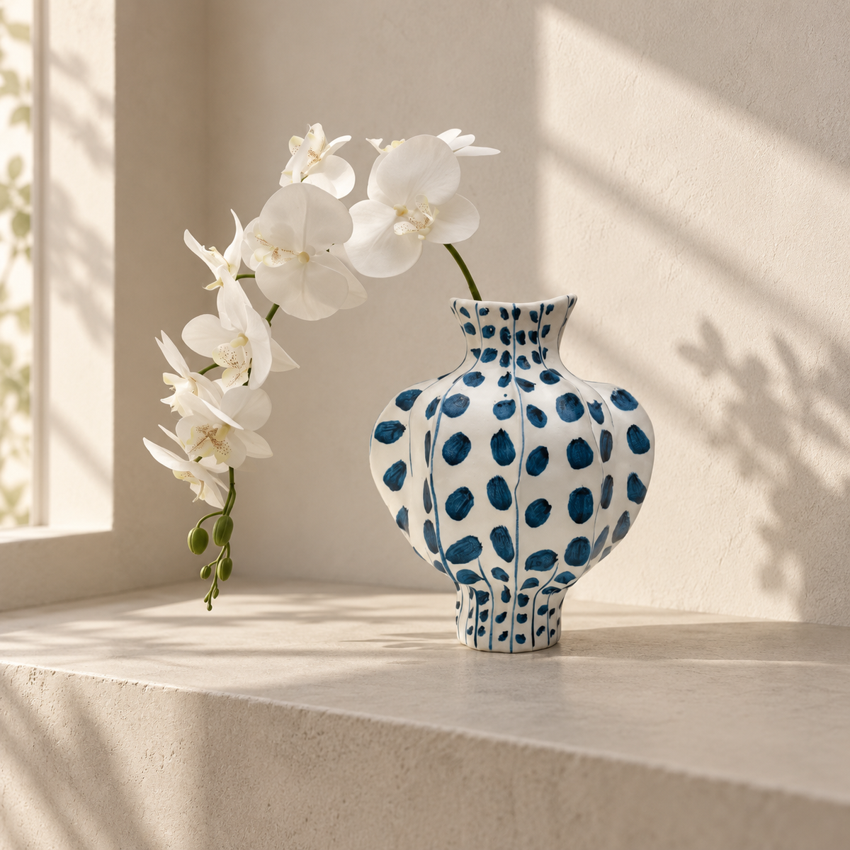 MCH Home | Hand-Painted Indigo Fluted Ceramic Vase – Artisan Botanical Accent Vessel