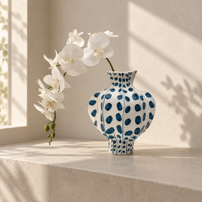 MCH Home | Hand-Painted Indigo Fluted Ceramic Vase – Artisan Botanical Accent Vessel