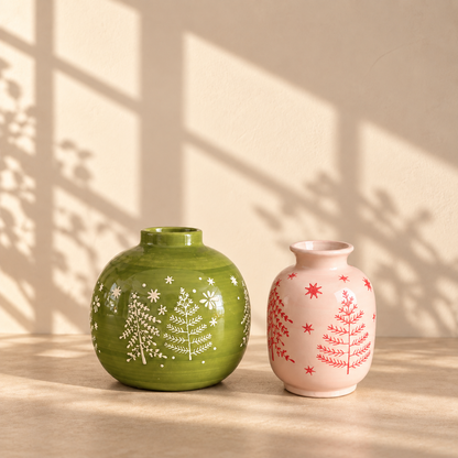 MCH Home | Winter Forest Ceramic Vase – Festive Minimalist Accent Decor (Globe / Bud Vase)