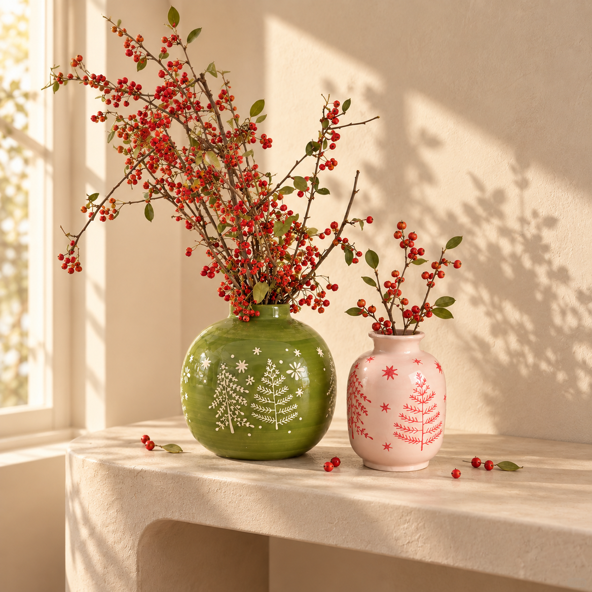 MCH Home | Winter Forest Ceramic Vase – Festive Minimalist Accent Decor (Globe / Bud Vase)