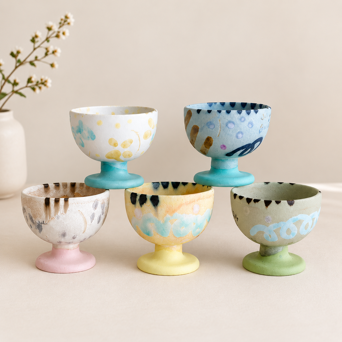 MCH Home | Handcrafted Ceramic Pedestal Bowl – Minimalist Dessert & Matcha Cup