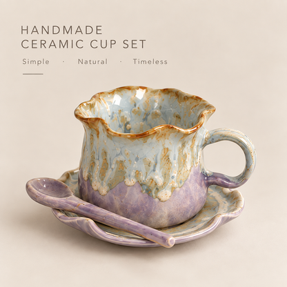 MCH Home | Artisanal Glazed Ceramic Coffee Cup Set (3-Piece) – Scalloped Teacup, Saucer & Spoon
