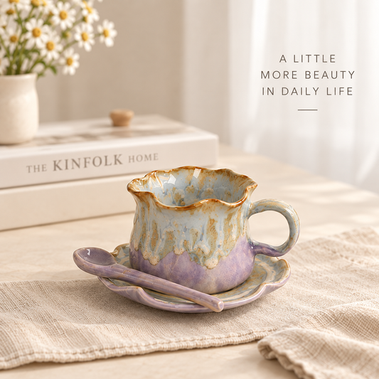 MCH Home | Artisanal Glazed Ceramic Coffee Cup Set (3-Piece) – Scalloped Teacup, Saucer & Spoon