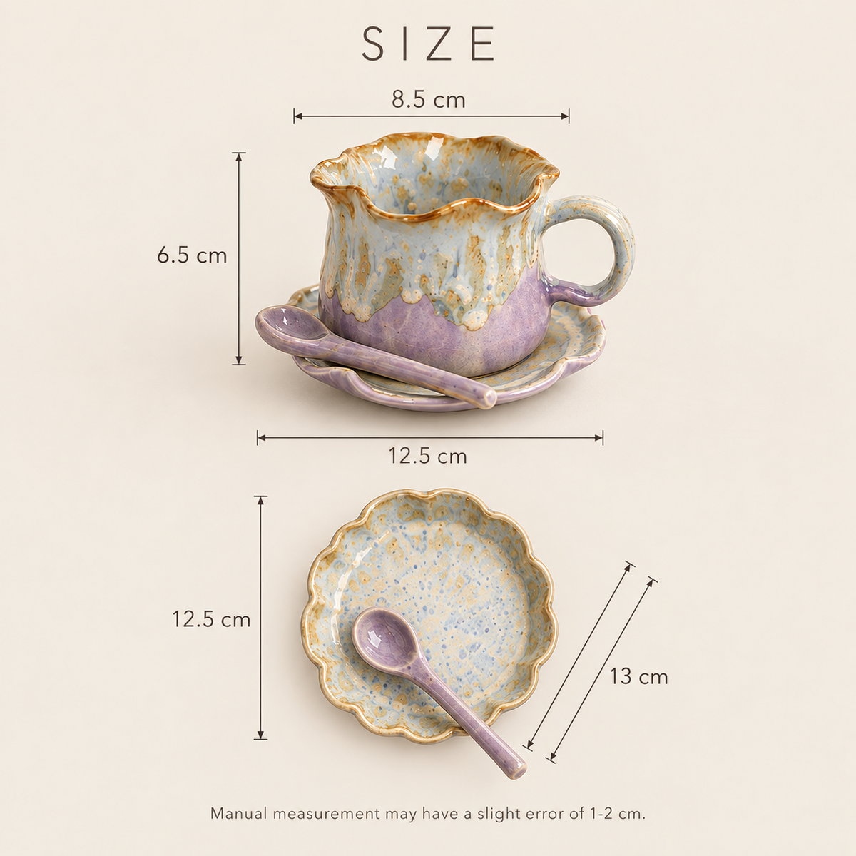 MCH Home | Artisanal Glazed Ceramic Coffee Cup Set (3-Piece) – Scalloped Teacup, Saucer & Spoon