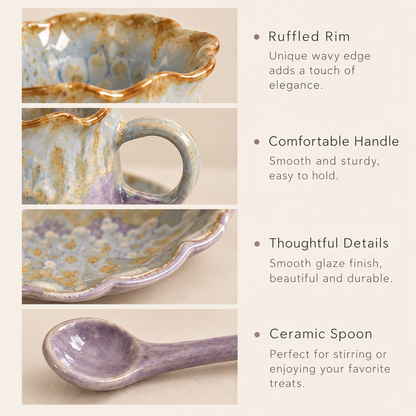 MCH Home | Artisanal Glazed Ceramic Coffee Cup Set (3-Piece) – Scalloped Teacup, Saucer & Spoon