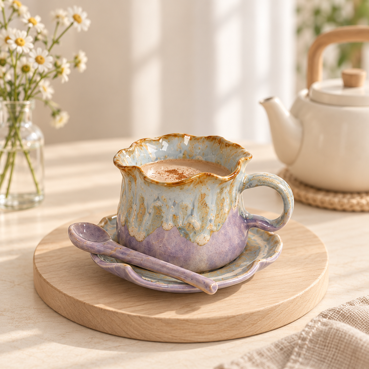 MCH Home | Artisanal Glazed Ceramic Coffee Cup Set (3-Piece) – Scalloped Teacup, Saucer & Spoon