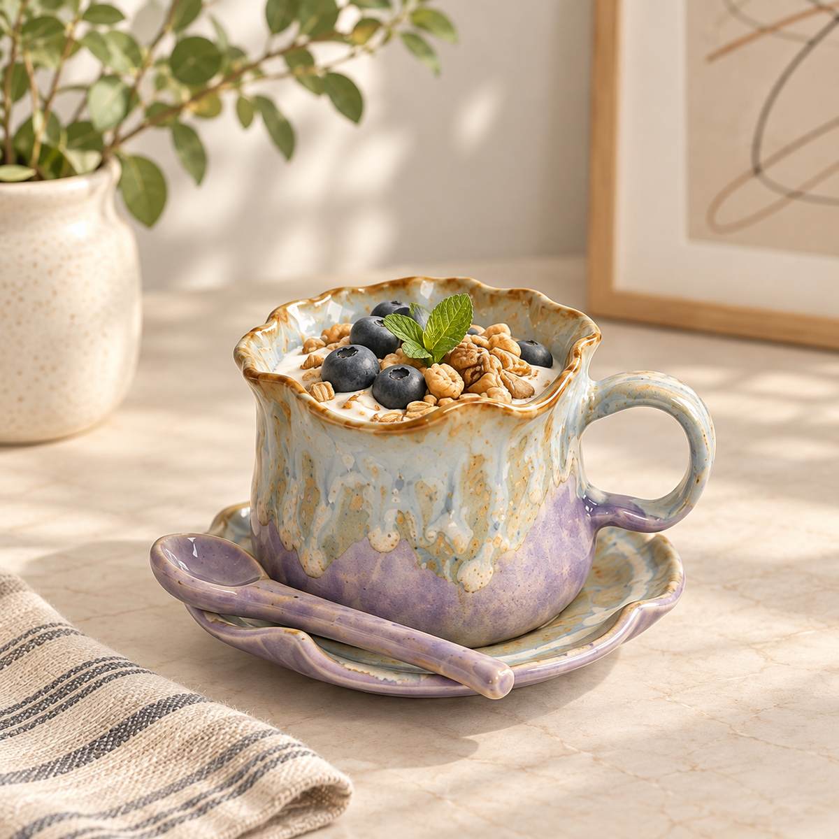 MCH Home | Artisanal Glazed Ceramic Coffee Cup Set (3-Piece) – Scalloped Teacup, Saucer & Spoon