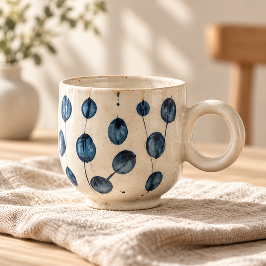 MCH Home | Hand-Painted Indigo Botanical Ceramic Mug – Chubby Handle Coffee Cup (350ml)