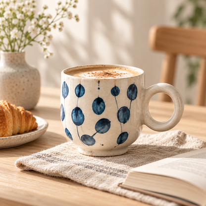 MCH Home | Hand-Painted Indigo Botanical Ceramic Mug – Chubby Handle Coffee Cup (350ml)