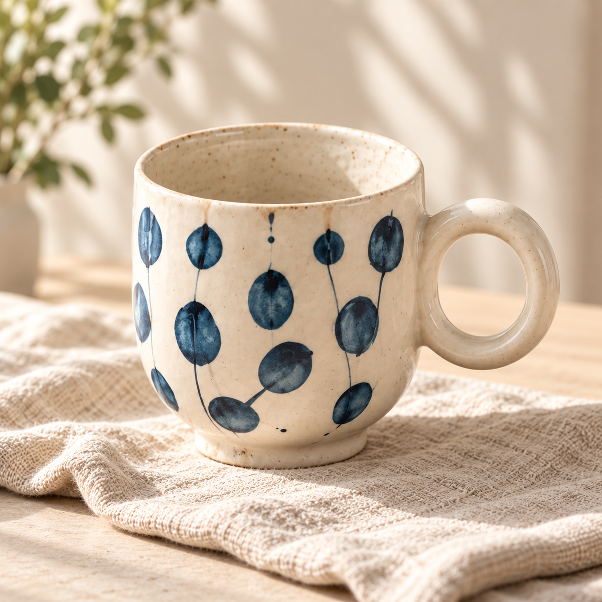 MCH Home | Hand-Painted Indigo Botanical Ceramic Mug – Chubby Handle Coffee Cup (350ml)