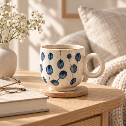 MCH Home | Hand-Painted Indigo Botanical Ceramic Mug – Chubby Handle Coffee Cup (350ml)