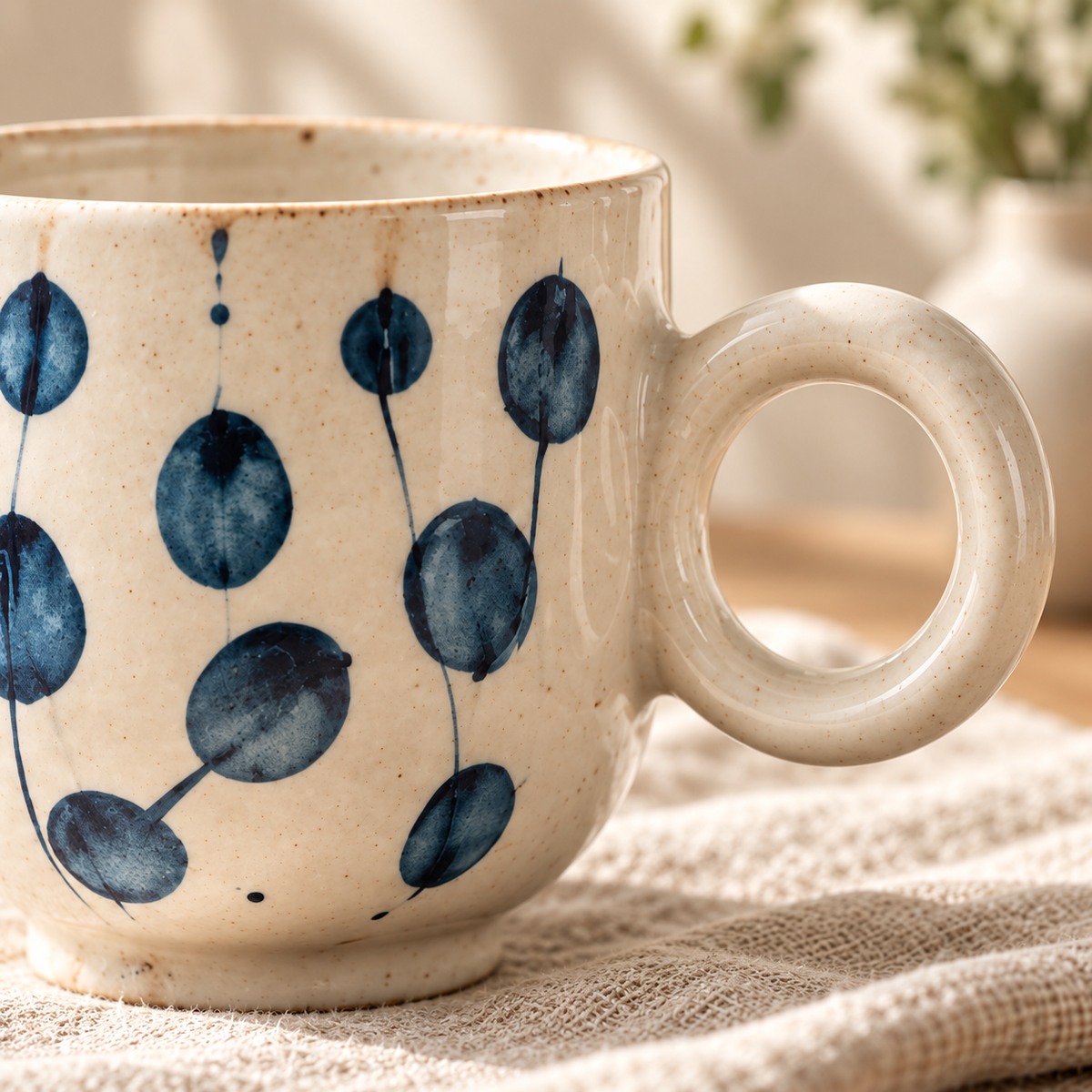 MCH Home | Hand-Painted Indigo Botanical Ceramic Mug – Chubby Handle Coffee Cup (350ml)