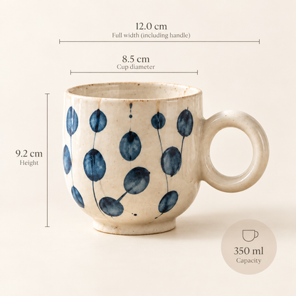 MCH Home | Hand-Painted Indigo Botanical Ceramic Mug – Chubby Handle Coffee Cup (350ml)